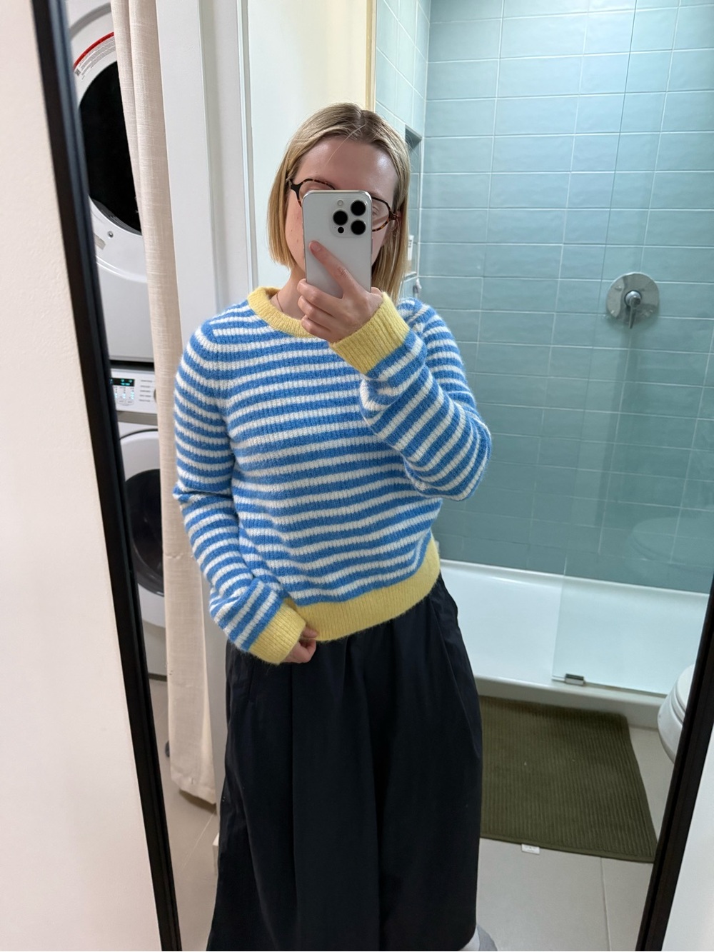 GAP Blue & White Striped Crewneck Sweater with Yellow Trim